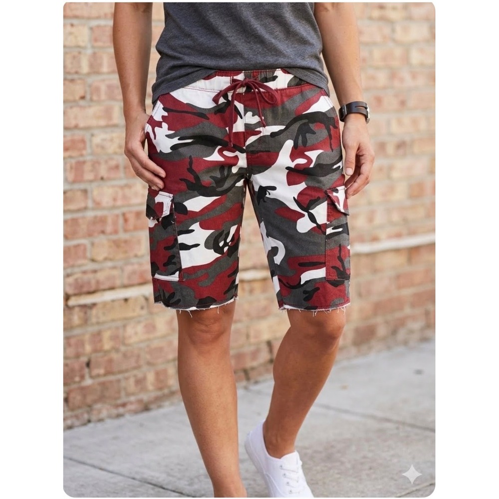 Women Cargo Shorts Jr M Red Camo Raw Hem Utility Streetwear Military Punk Grunge